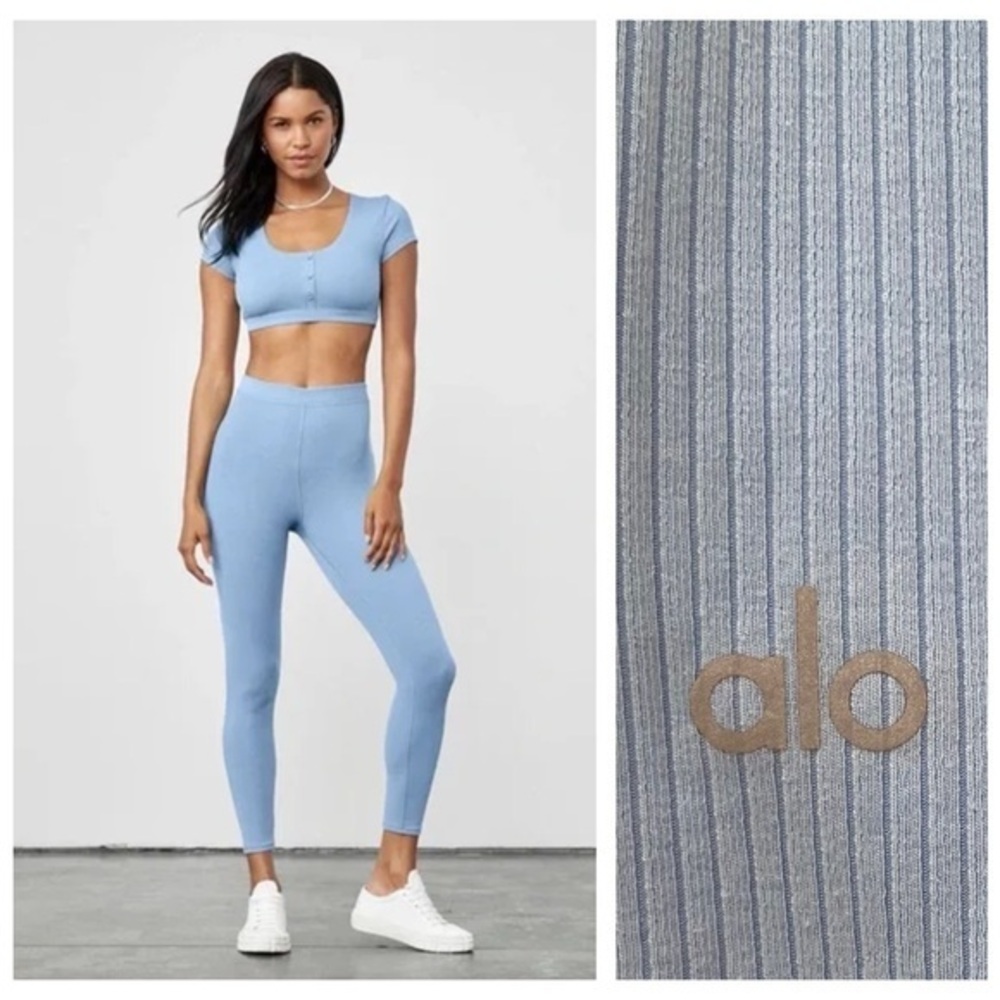 ALO Yoga Light Blue Ribbed High-Waist 7/8 Blissful Legging XXS